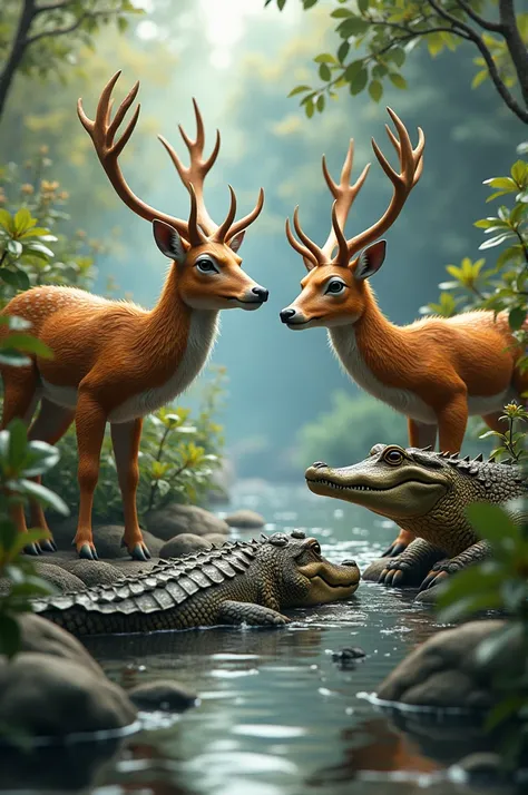 Three deer 3d drawing, looking at the alligator