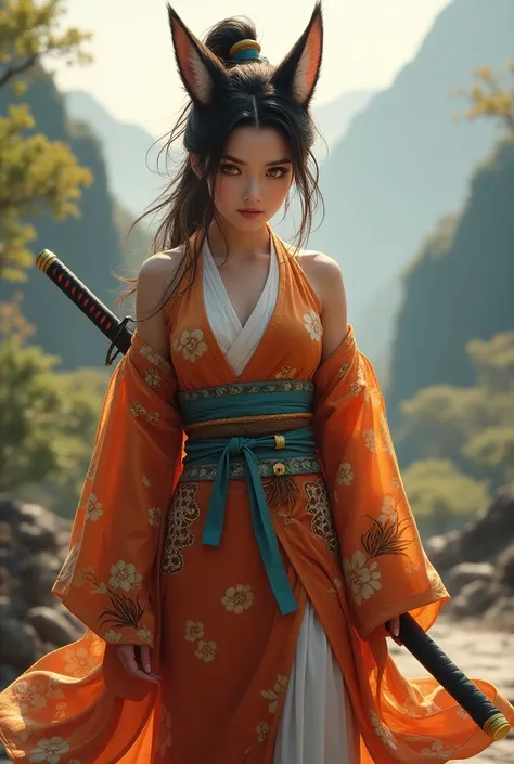 An angry but very beautiful brunette fox girl in a kimono and a katana 