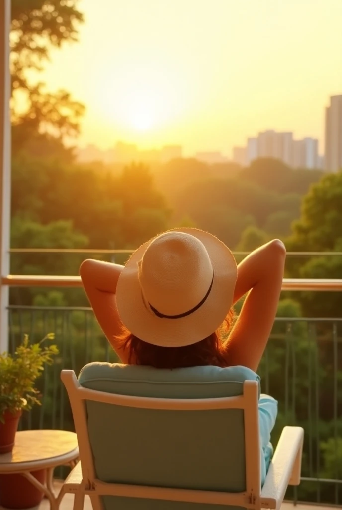 Warm golden sunlight, soft-focus texture, hazy glow, relaxing summer atmosphere. DSLR RAW shot of a person lounging on a cozy balcony with a wide-brimmed sun hat, arms stretched behind their head, leaning back in a comfortable white patio chair with light ...