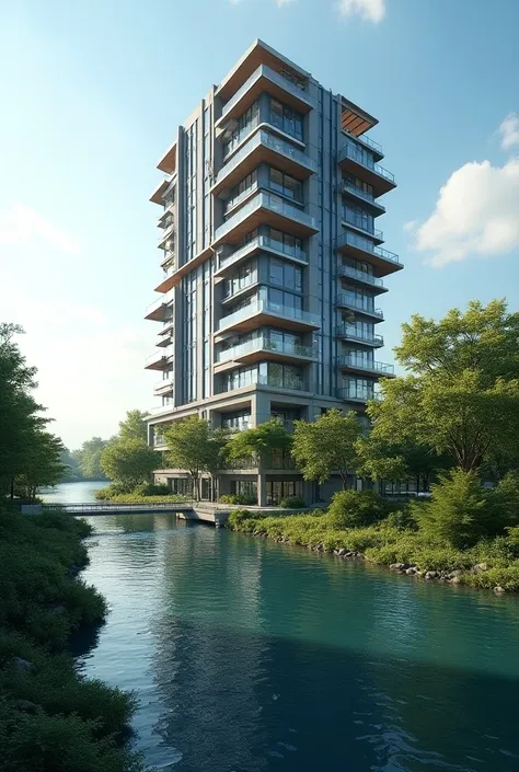 Tall Condominium with balcony, and  beautiful lake infront of the condo, condo must at the side of the poster 

Change the lake 