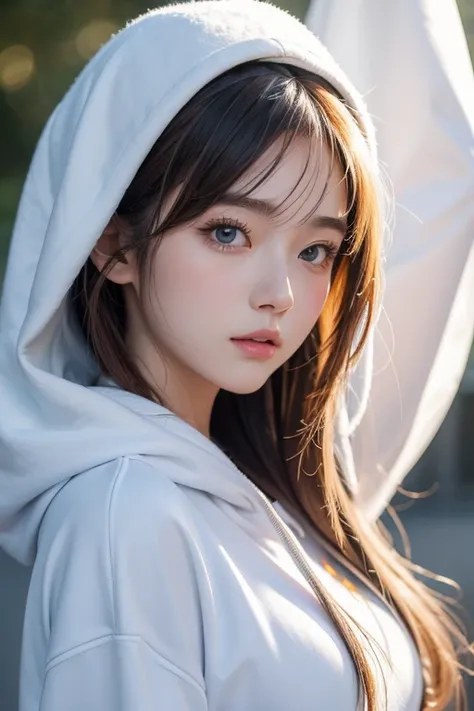  top quality , masterpiece,  High Resolution , 【8k,  Hoodie and Anime Style Girl ,  a girl,  Detailed Line Art ,  Bright White and Bright Amber Style,  Digital Enhancement , close up, Anime Core , Flowing fabric , Realistic face,