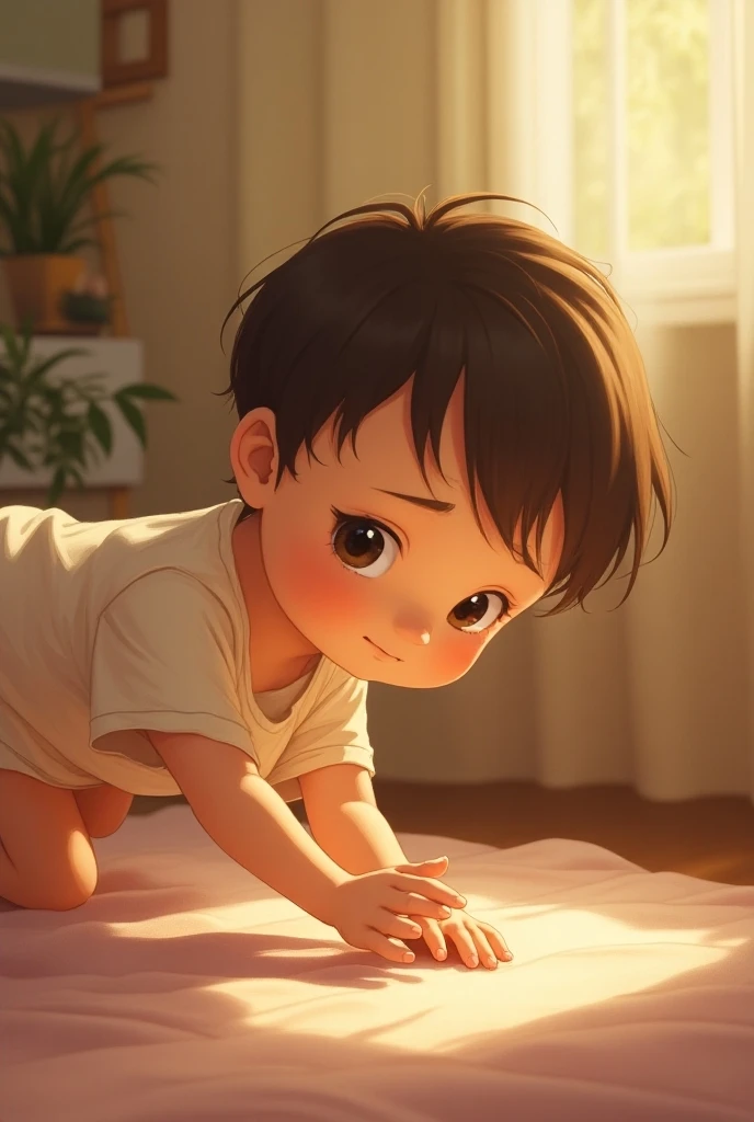 a  with an outstretched hand ,  trying to find a toy hidden behind a cloth,  symbolizing the discovery of the permanence of the object . Illustration, ANIME STYLE, anime, character design, Pixar, 