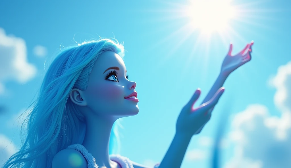 The blue Barbie doll looks up at the bright sky with a hopeful expression. The morning light surrounds her, giving a sense of warmth and positivity, as if she’s welcoming new possibilities."
