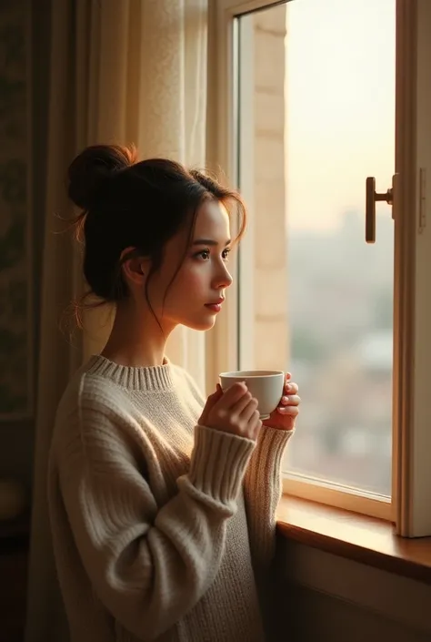 Make a girl looking out from window and holding cup of coffee 