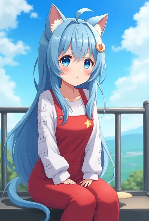  Chuca from anime with long hair color medium strong and light blue,with bright blue eyes ,with cat ears,with an X on her head ,with a white sweatshirt with buttons on the arms and a bright red jumpsuit, sitting on a balcony smiling and watching the sky 