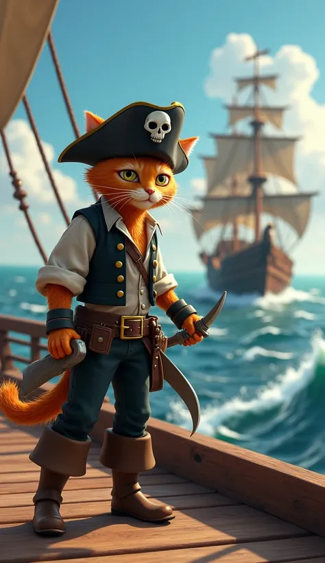 "Orange pirate cat, age 16, male, scruffy fur with a determined look, wearing a black pirate hat with a skull emblem, black vest, brown belt, black pants, and brown pirate boots, on a ship deck at sea with rival pirate ship approaching, drawing his sword a...