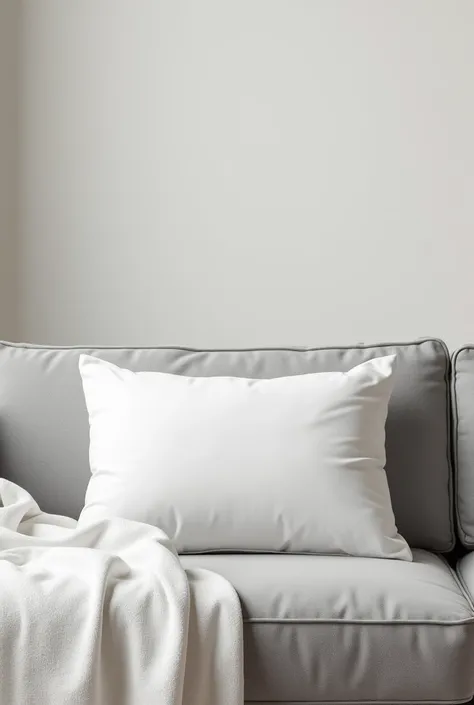 White throw pillow with smooth finish on gray sofa mockup 