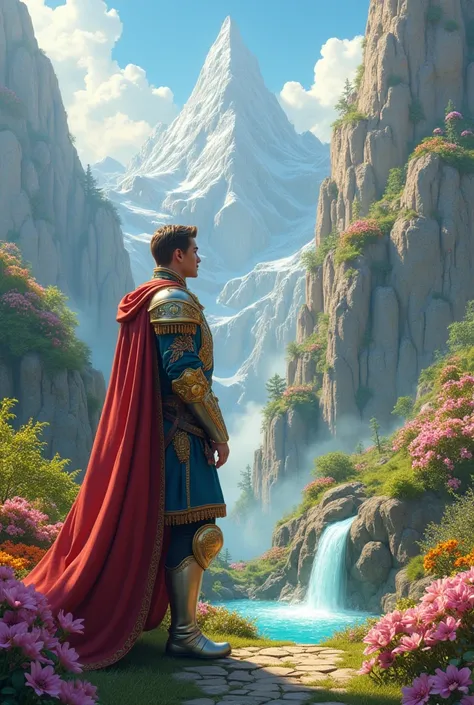 A fantasy where a prince with a majestic Knight prince clothes in a garden looking at various kinds of super super super gorgeous giant mountains and a small waterfalls that look like cake, sweets, dessert and coloured water