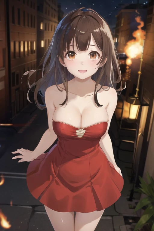 masterpiece, highest quality, High resolution, One girl, Brown Hair, Long Hair, bangs, Brown eyes, Medium chest,  cleavage、 sexy red party dress、 smile, Open your mouth, Put your arms behind your back, Leaning forward,  in the city at night、Building Burnin...