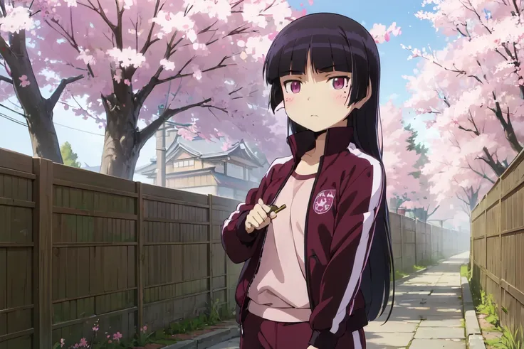  (( Japanese Knife)), ((ruri gokou)), Long Hair, Black Hair ,  1 girl, pants, mole, mole under eye,  burgundy track jacket,  tracksuit , wine red track pants,  pink shirt, green round neck ,  ZIPPER THE JACKET , antiquity, samurai, Cherry Blossom Snowstorm...