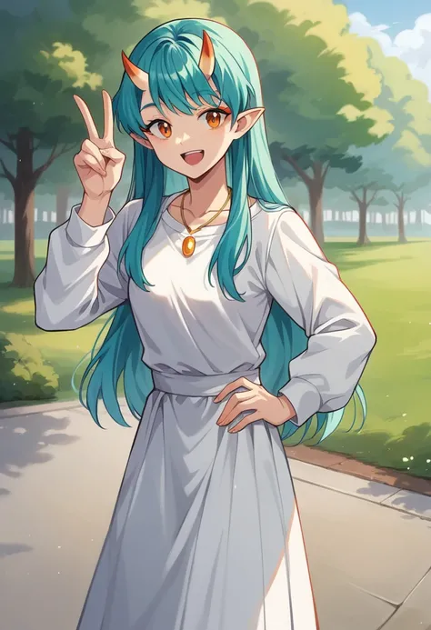 ( Anime style ) ((Best Quality)), 1girl, solo, lum, long hair, bangs, blue hair, orange eyes, horns, pointy ears, aqua hair, oni horns, eyeshadow, long sleeves, necklaces, white dress, long skirt, collarbone, smile, day, park, standing, best quality, highr...