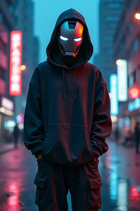 Image of A 21 year old girl over sized hoodie and baggy pants and wearing a Iron man helmet in a night city scenery