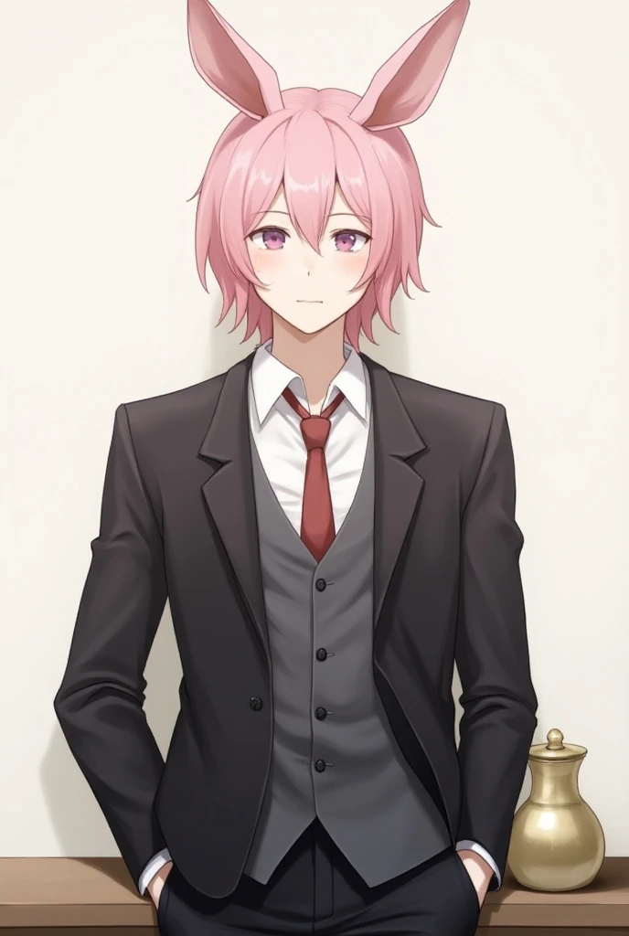  anime style、 pink hair 、Neutral face、Bunny ears、 black suit with urn、male、smile、Slim body