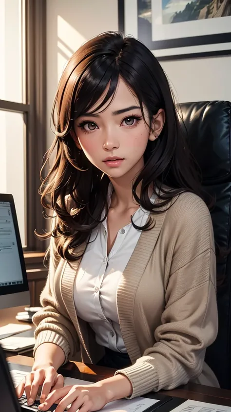 japanese,beautiful browneyes, beautiful lips,（furrowed brow） , longeyelashes,((slender)),((curly hair )),looking away,Cardigan,displeased, office lady, professional business attire, office setting, desk, computer,, (highres,masterpiece:1),detailed,(realist...