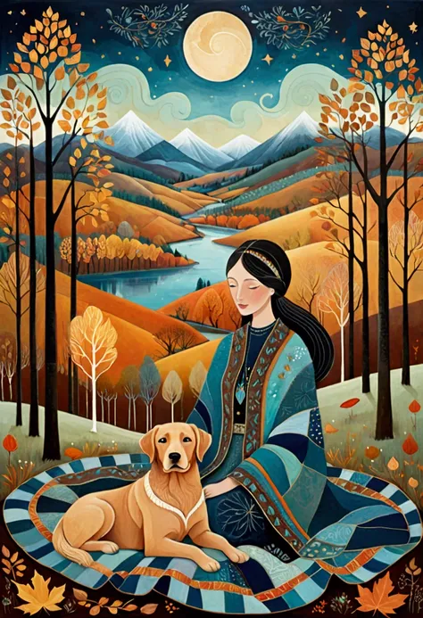 An illustration  in the artistic manner of Laurel Burch, Sophie Wilkins, with light teal and light navy colors, multicolored abstract bucolic landscapes, reminiscent of golden age illustrations, exuding gentle lyricism and romanticism. in the clearing of a...