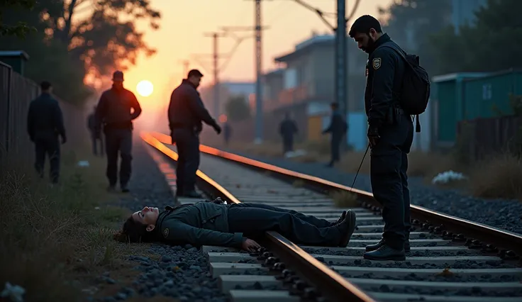 Police investigating a crime scene near the tracks at dawn, with Saras body found. Her brother Rehan looks heartbroken and determined.