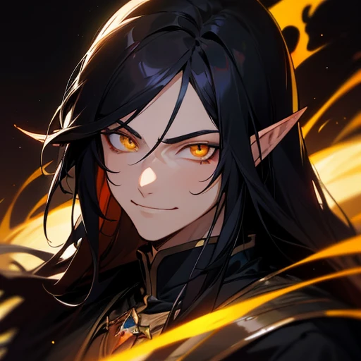 Upper body close-up,  face up, Anime style, 1 Male, Golden Eyes, Black Hair, Long Hair, Elf Ears, A relaxed smile, Wicked, Big Devil, Demon Realm length ,  dark effect, Human form, User of the Power of Darkness 