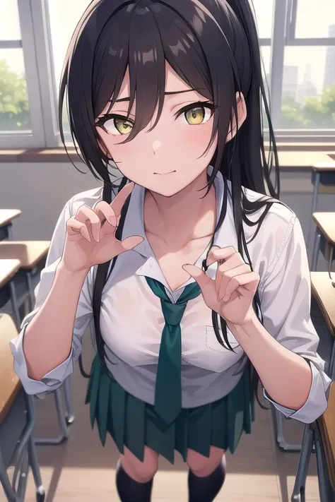 , Sakuya Shirase,  Black Hair ,  hair between eyes , Long Hair,  ponytail, (Yellow Eyes:1.5),
break collarbone, green tie, green skirt, tie, Open collar, Check pattern, Check pattern skirt, pleated skirt,  school uniform , shirt, skirt, white shirt,透けたshir...