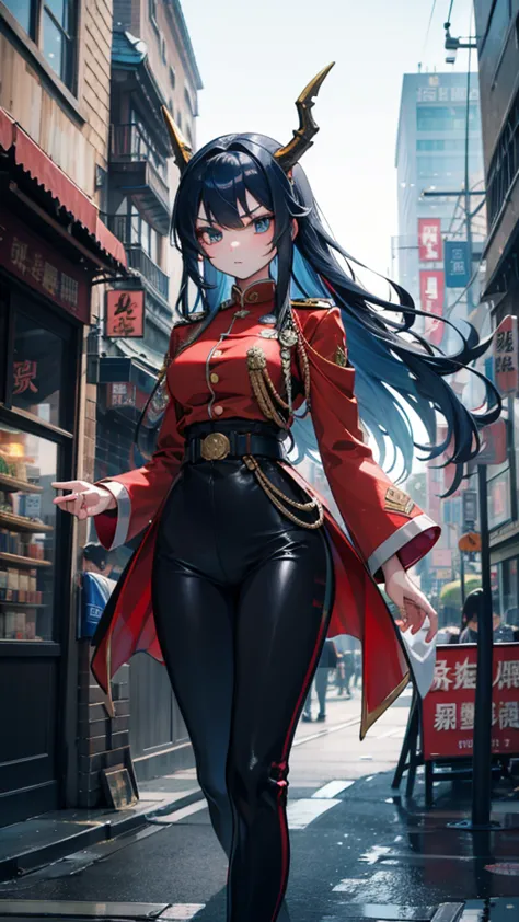 Dragon Girl，Blue hair girl， Blue Hair Long Hair ， Blue Hair Long Hair ，horn，horn，Dragon Horn，Dragon Horn，Dragon Horn，Dragon Horn，Dragon Horn， Wings ，龙 Wings ，蓝色 Wings ，蓝色horn，Military dress， fitted military uniform ，Slim Fit军服，military uniform风格， dress sty...