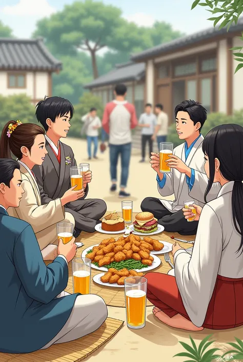 Picture a lot of people drinking chicken and beer on a mat
Draw it from a perspective that looks a little further away. Picture it as a Korean, draw it differently, draw me eating while looking to the right