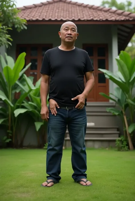 hyperrealistic 8k photos, an Indonesian man, bald head, round face, wearing a black t-shirt, jeans and flip-flops, was standing on the grass in the yard, expression shocked, a rock-on hand was seen coming out of the zipper of his trousers, the background o...