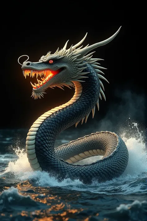 Create a realistic digital image of a large legendary Naga in a birds eye view. It has sharp shiny black scales, sharp bared fangs, fierce glowing eyes, and a very long crest. Fine Thai art. It raises its neck high, its body coils and crawls naturally on t...