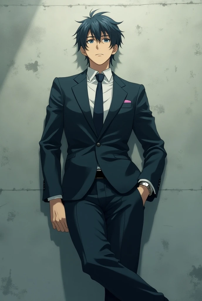 Anime-style man with a professional suit laying on the concrete floor