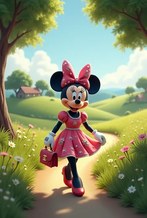 The famous Minnie dressed in a Chanel dress goes for a walk in the countryside. 