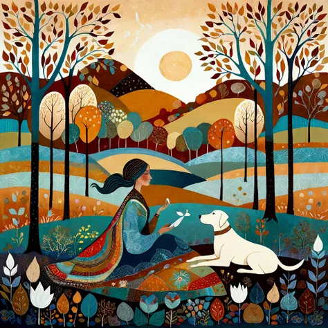 An illustration in the artistic manner of Laurel Burch, Sophie Wilkins, with light teal and light navy colors, multicolored abstract bucolic landscapes, reminiscent of golden age illustrations, exuding gentle lyricism and romanticism. in the clearing of a ...