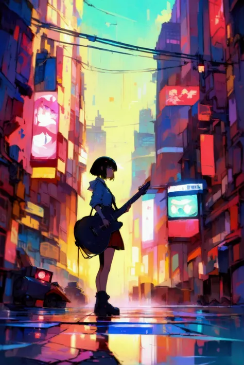  80s city pop anime style 。 cyberpunk。Cityscape。 AI robot like a girl with a guitar。Joints can see machines and pipes。 a world distorted by a fisheye lens 。