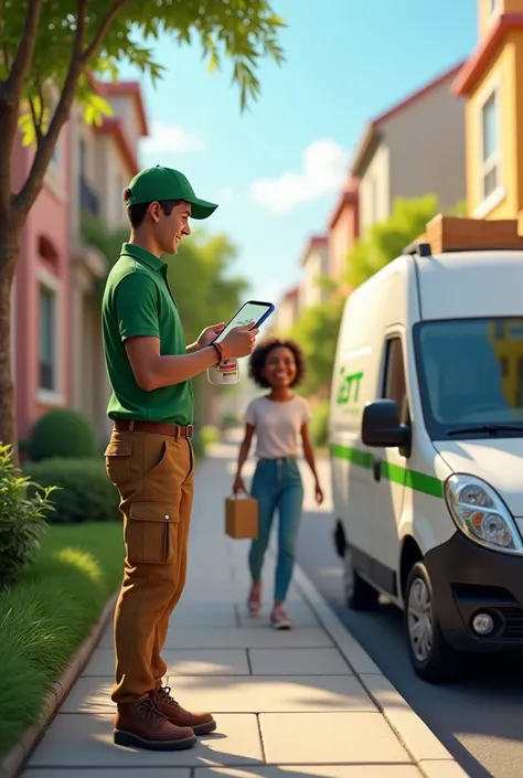 A delivery driver receiving an order, using the GetFresh app to manage his route, and delivering the order to a happy customer.
