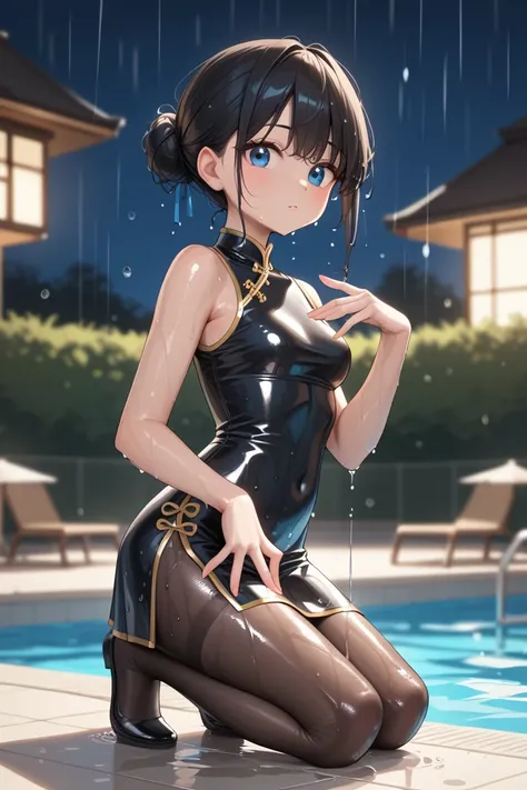 (Best quality), (Outdoor pool), Alone, (((Cute schoolgirl in wet, shiny, all-over patent leather Chinese dress)))), ((Wet, shiny, tight-fitting, full-body bodysuit with skirt)), (((Full fingers)))), (Medium shot: 0.5), (Blue eyes, light in the eyes), ((Sho...