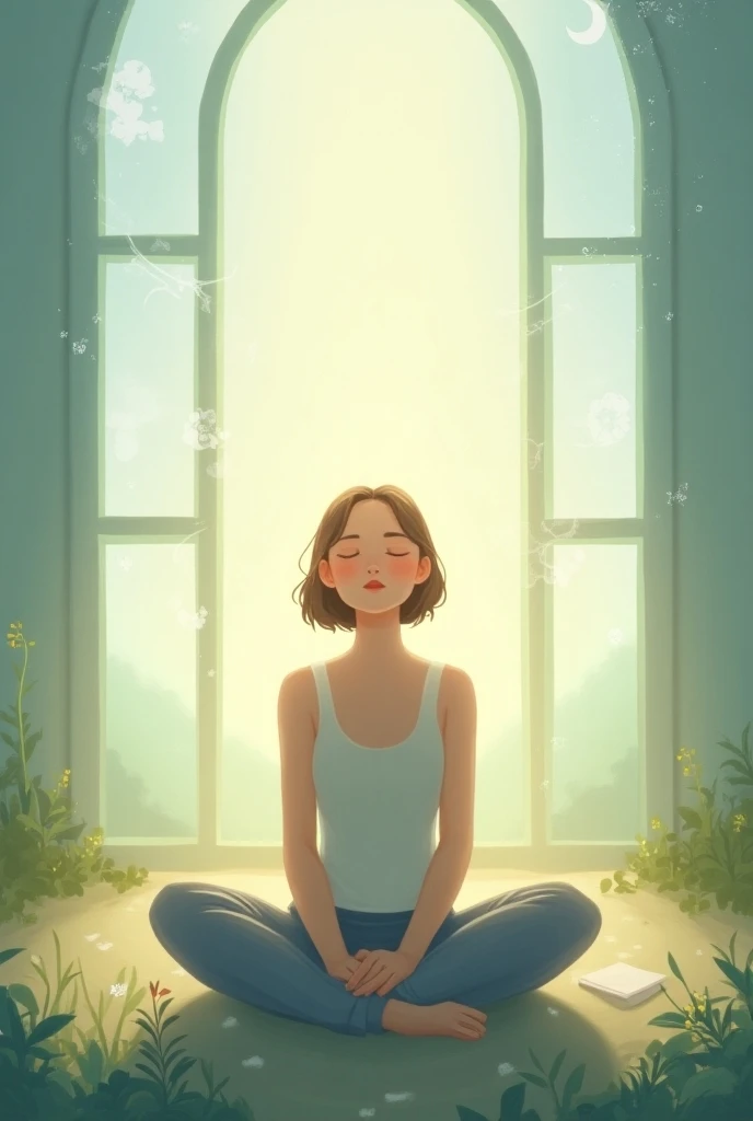 Create a visual that symbolizes clearing mental and emotional clutter. Show a person sitting calmly with eyes closed in a peaceful setting, perhaps outdoors in nature or near an open window, symbolizing inner peace and openness. Above or around them, illus...