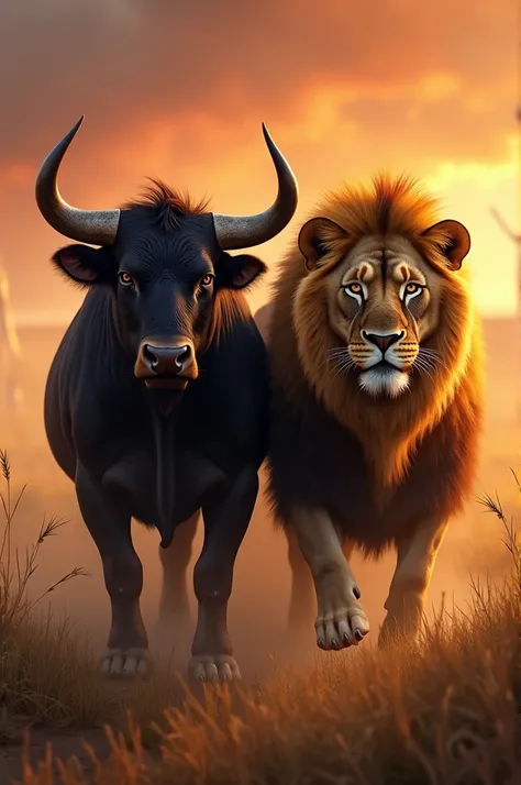 Sure! Heres a detailed prompt you can use to generate an image of a bull and lion:

"A powerful bull and a majestic lion standing side by side in a dramatic, wild landscape. The bull, with muscular limbs and a fierce expression, has sleek, dark fur and lar...