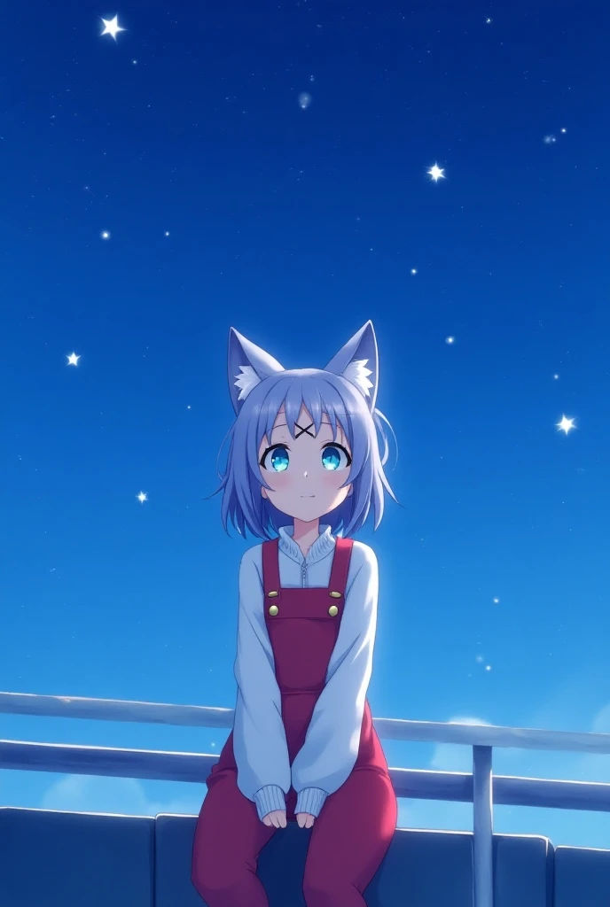 Short haired anime girl in medium strong and light blue ,with bright blue eyes ,with cat ears,with an X on her head , with a white sweatshirt with buttons on the arms and a bright red jumpsuit,sitting on a balcony smiling and watching the stars at night