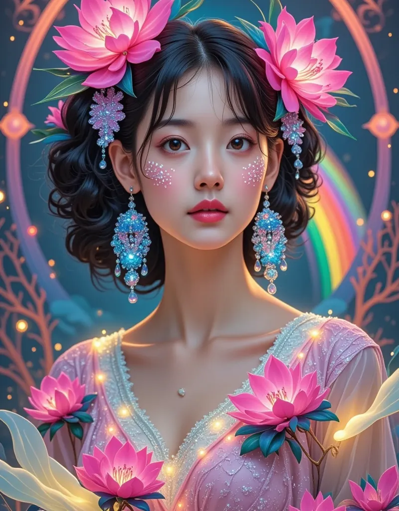 Close up ， magical girls perform spells。 colorful light surround the body ， pink dress gorgeous ， hair accessories shine 。 bokeh， prominent figures ，Exquisite picture， vibrant 。