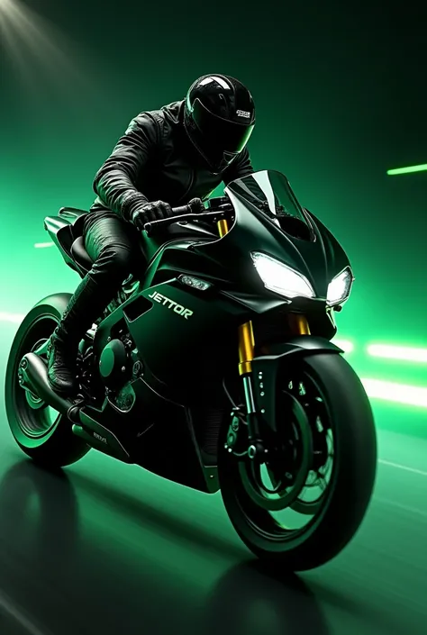 Black and green background image with a black Jettor Galloper 200 motorcycle with its pilot and that is dynamic related to the world of motorcycles
