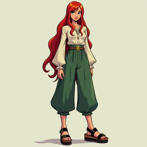 Full body shot of Teen Titans character Starfire wearing knee-lenght wide trunkhose breeches, an early modern wide-sleeved shirt and platform clog birkenstock sandals. Detailed feet