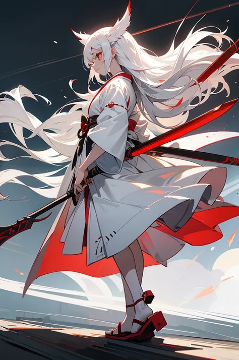 A girl wearing lightning, long white hair, red eyes, white hakama, geta, the background is the precincts of a shrine at night, a fantastic image, holding a long spear, a long black handle and a white blade, side view, showing the whole body.