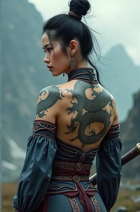 Beutiful Chinese woman Samurai with dragon full back tattoo