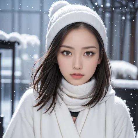 solo,  Glance ,  high resolution on down, masterpiece,  anatomically correct, Best Quality,  won numerous awards,  detail,  very detailed,  Ultra High Definition,  Textured Skin, woman、The background is a day of heavy winter snow falling on a cold night、Wh...