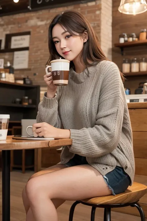 Create A young Woman in A Trendy Coffee Shop, Sipping coffee and Looking At Her Laptop Screen With Warm Ambiance