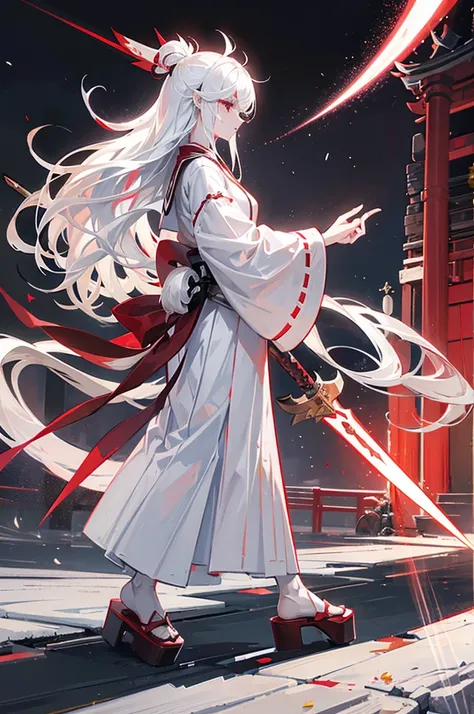 A girl wearing lightning, long white hair, red eyes, white hakama, geta, the background is the precincts of a shrine at night, a fantastic image, holding a long spear, a long black handle and a white blade, side view, showing the whole body.