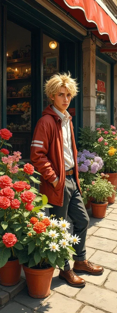 extremely delicate and beautiful, Amazing, finely detail, masterpiece, ultra-detailed, highres,best illustration, best shadow,intricate,sharp focus,  high quality, 1male, solo, blond hair. red eyes, kaveh genshin impact, flowershop front, flowers in pots, ...