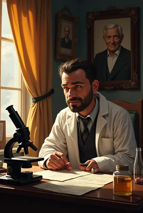 - Dr. Igor : Sitting in his office ,  with a worried expression ,  looking at a microscope and papers on  "Vitriol".  A portrait of his sad father on the wall .
- Atmosphere :  Warm office with dark wooden furniture and sunlight.