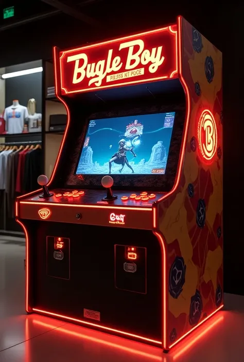 Create an image of a virtual retro arcade with a name of the brand bugle boy. Make it in the brand shop and fit in a wall. Make it a single or double screen. Make it more fitting for a clothing store