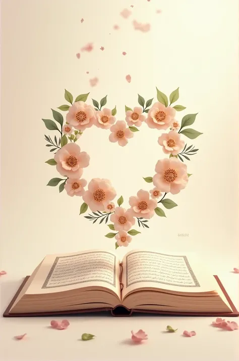 "An open Quran with
pastel-colored flowers
blooming out from the pages,
forming a heart shape above
it. The flowers are in soft
shades of pink, peach, and
beige, surrounded by delicate
green leaves, giving a light
and peaceful vibe. The


background is a s...