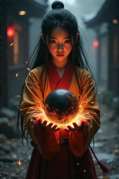 A chinese girl holding black fireball 