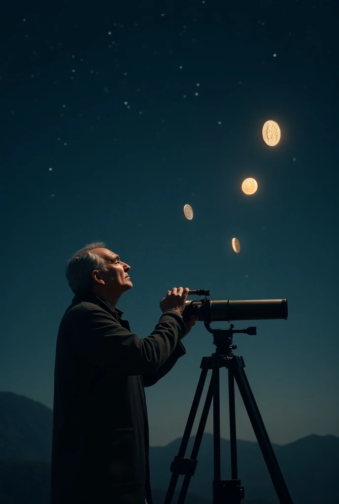 A man in the fifties looks into the sky through a telescope where there are three floating coins 