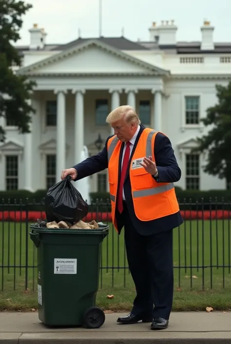 Donald Trump wears a safety vest and throws a trash bag into a garbage can. In the background is the White House.